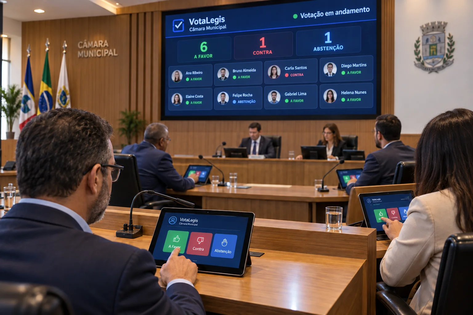 Cena ilustrativa de vereadores votando em tablets, com o painel do VotaLegis no telão de um plenário.